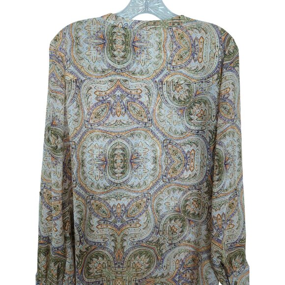 Chico's Paisley long tab sleeve asymmetrical orange‎ green cream tunic sz 1 sz 8 - Picture 5 of 16